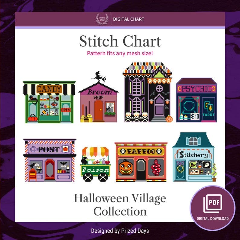 Halloween Village Collection Bundle needlepoint chart